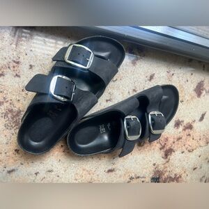 Black Birkenstocks Arizona Big Buckle Slide Sandal (Women's)